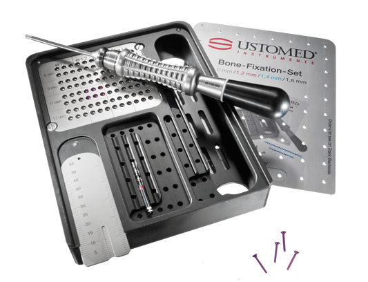 Customed Instruments bone fixation set with tools and packaging on a white background