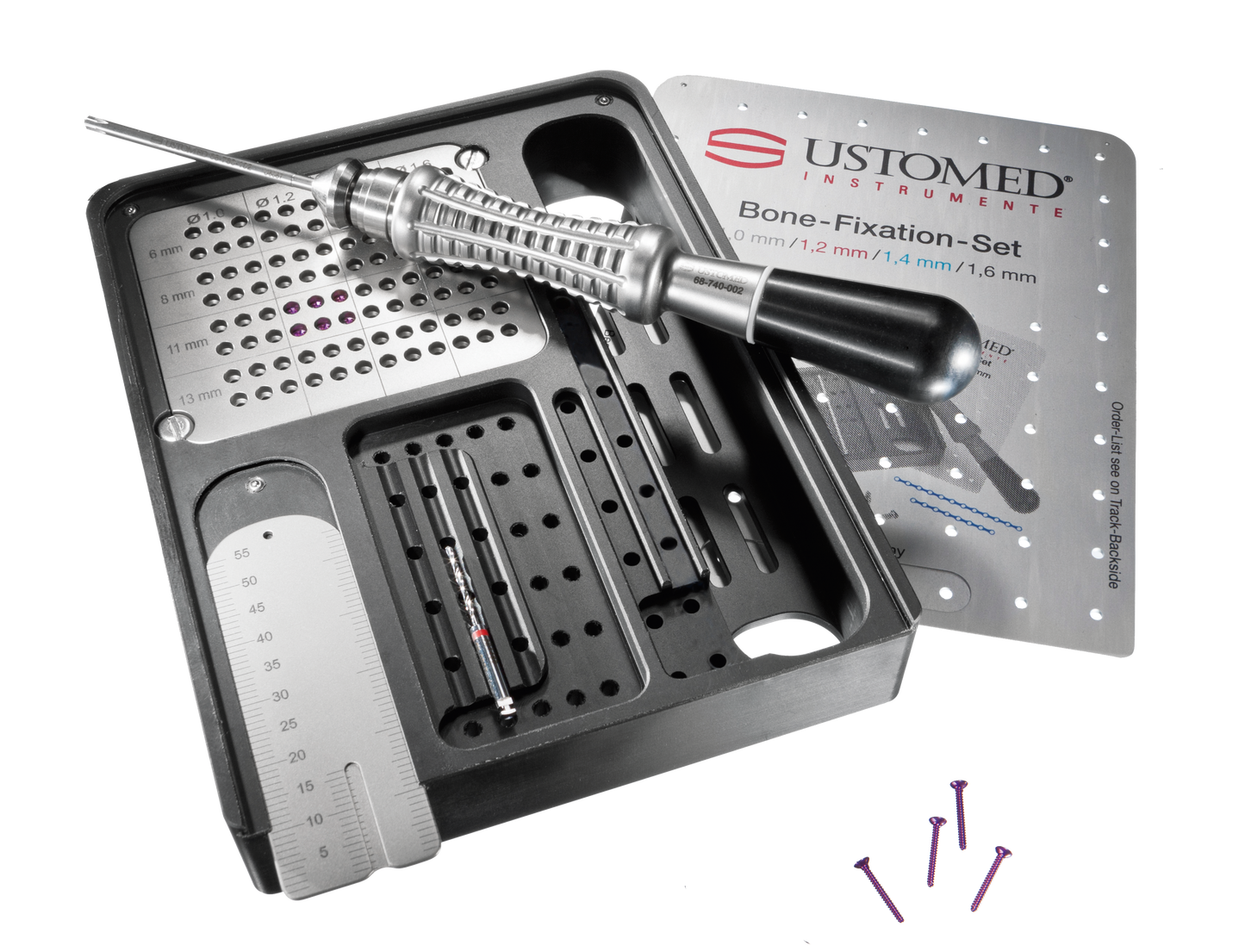 Customed Instruments bone fixation set with tools and packaging on a white background