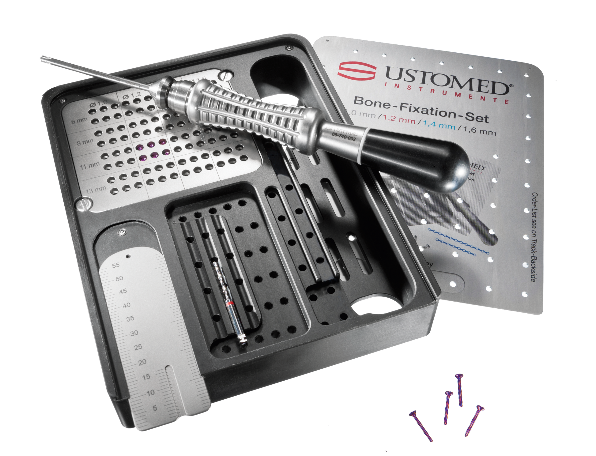 Customed Instruments bone fixation set with tools and packaging on a white background